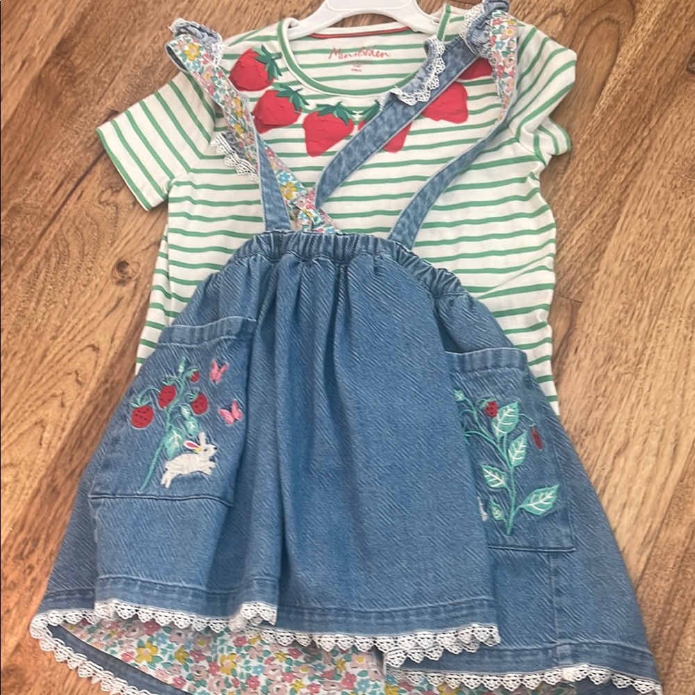 Girls Striped strawberry Top and Denim skirt overalls corset